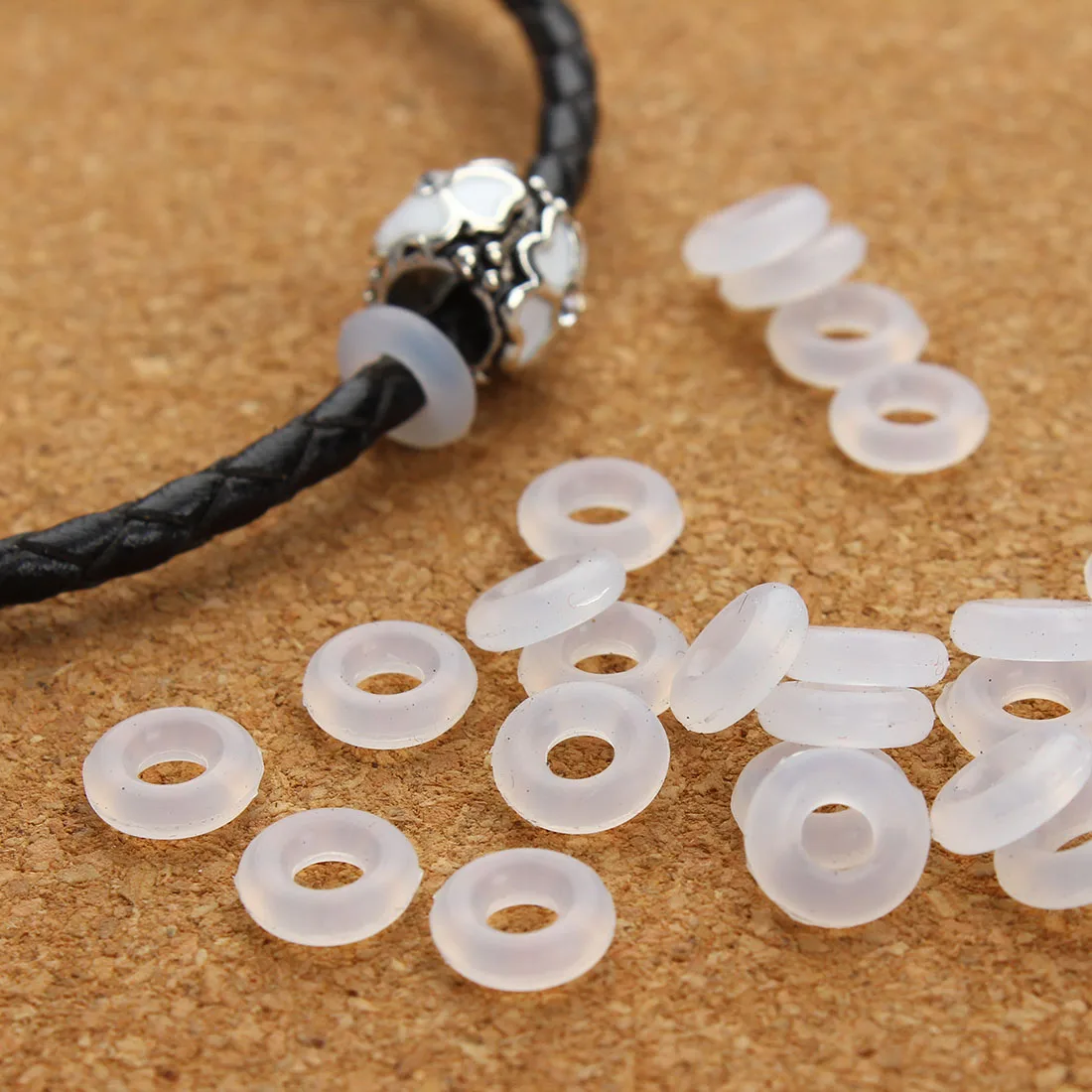 100pcs/Lot Elastic Silicone Rubber Stopper Rings Non-slip Positioning Beads Charm Fit Leather Rope Bracelet Jewelry Making