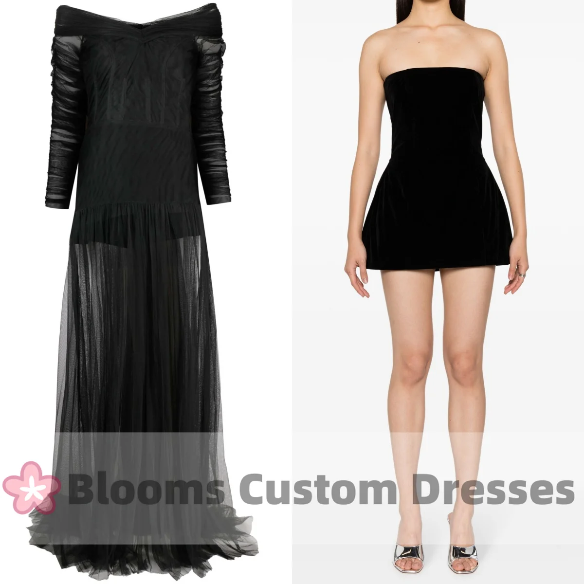 Blooms V-neck Sexy Black Customized Prom Dress Tulle Pleated Long Sleeves 2 Piece Velvet Formal See Through Evening Dresses