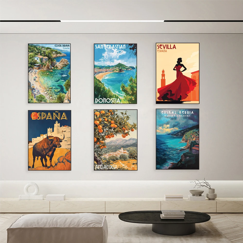 Cartel de viaje para España, toro y pueblos blancos, Barcelona, ​ ​ Sevilla, flamenco, Andalucía, Ibiza, San Sebastian, Costa Brava