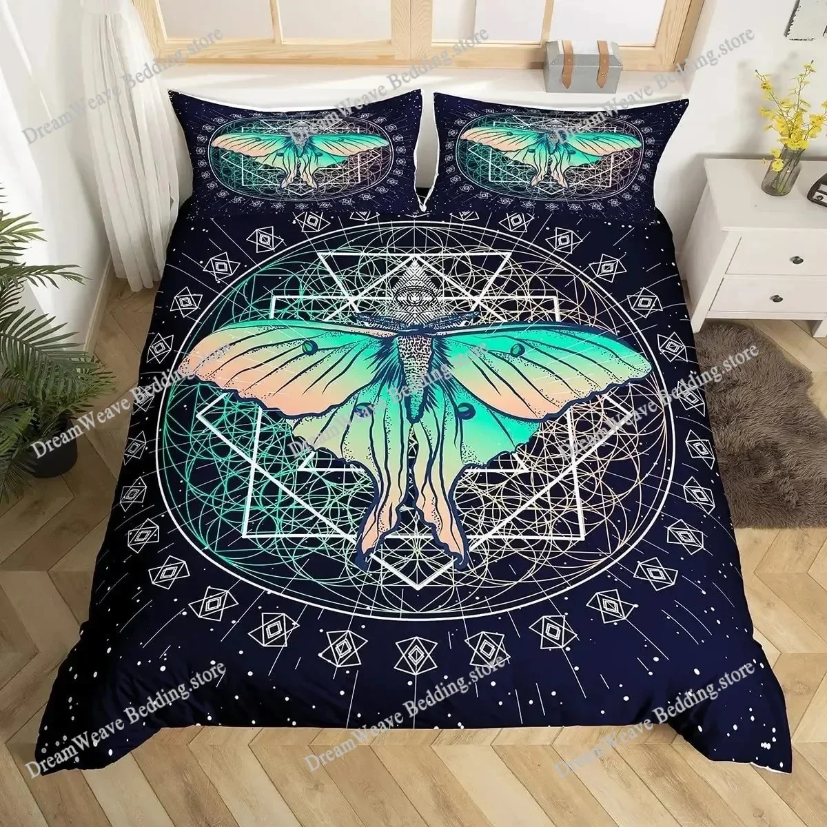 Death Moth Duvet Cover Set King Queen Full Twin Size Galaxy Sun and Moon Polyester Comforter Cover Boho Gothic Skull Bedding Set