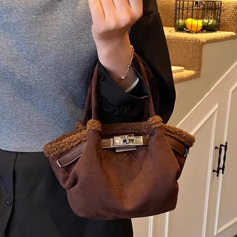 

Vintage Suede Bucket Bag With Faux Shearling Trim Small Handheld Crossbody Bag Stylish Metal Buckle Detail Fashion Bag For Women