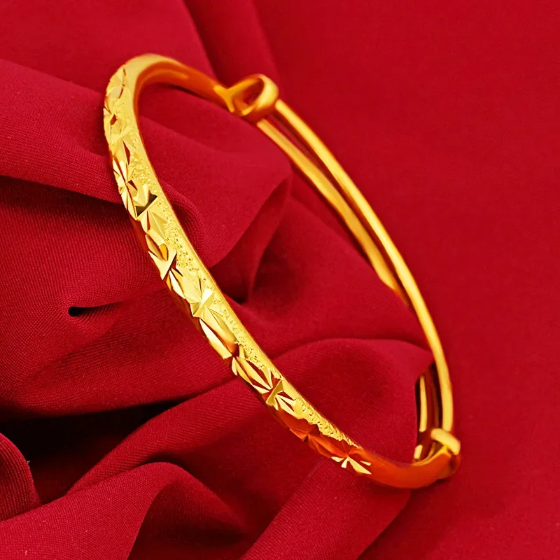 Classic Gold Bracelet Women Adjustable Thickened Wedding Jewelry 100% Reproduction 999 Gold Sky Star Pattern Carved Accessories