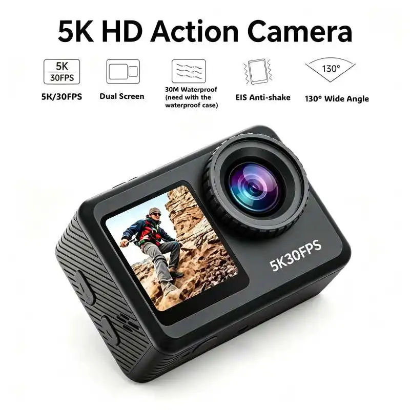 

5K Action Camera 30FPS 24MP Dual Screen Waterproof Sports Cam 6-Axis EIS 130° Wide Angle WiFi Vlog Motorcycle Helmet Camera