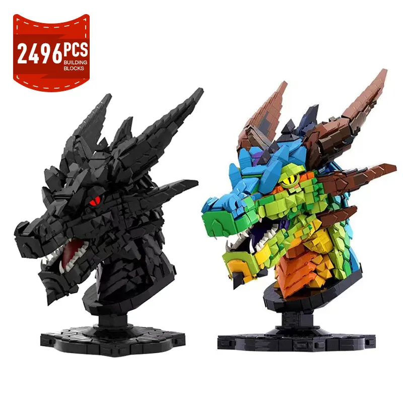 Moc Dragon Head Statue Chinese Zodiac Model Animal Ornament Building Blocks Set Constructor Bricks DIY Toys Birthday Gifts