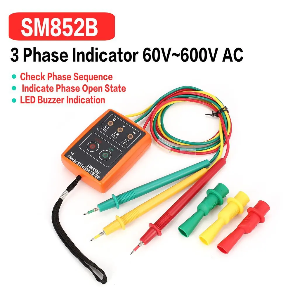 New SM852B Portable Phase Detector Rotation sequence Meter Indicator 3 Rotation Digital LED Buzzer Phase 60V~600VAC Voltage