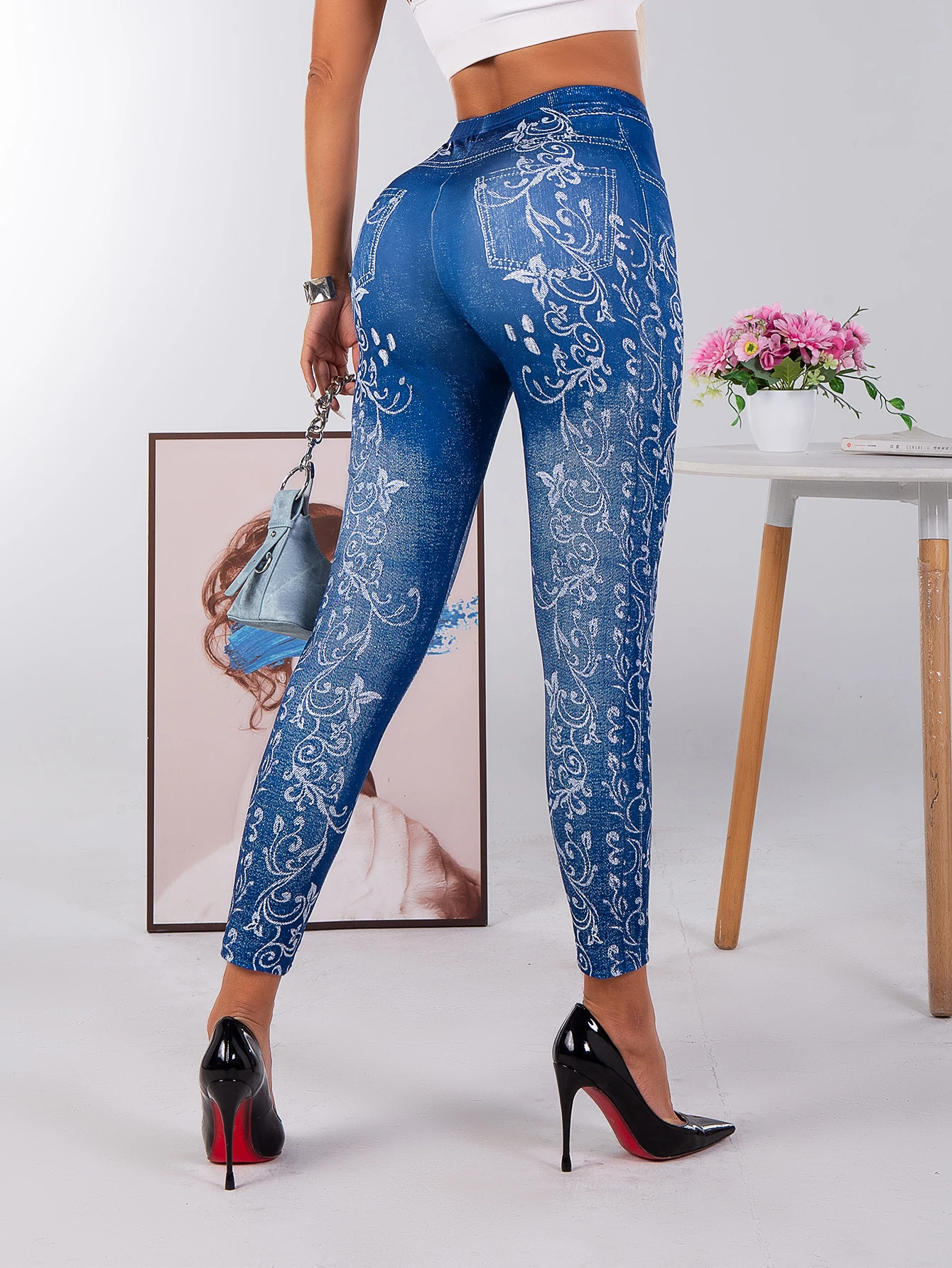 Pantalon Slim à neuf points, très extensible, imprimé numérique, Imitation florale blanche, Leggings Sexy en Denim, Europe et états-unis