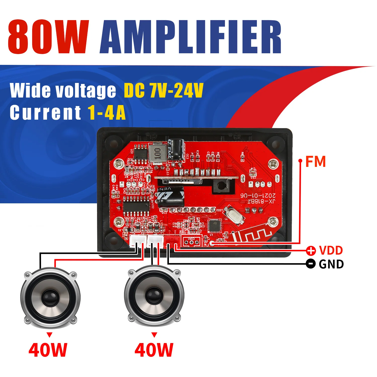 80W Amplifier MP3 WMA WAV Decoder Board USB Charging Bluetooth 5.0 Wireless Music Player 5V-20V Car FM Radio AUX Call Recording