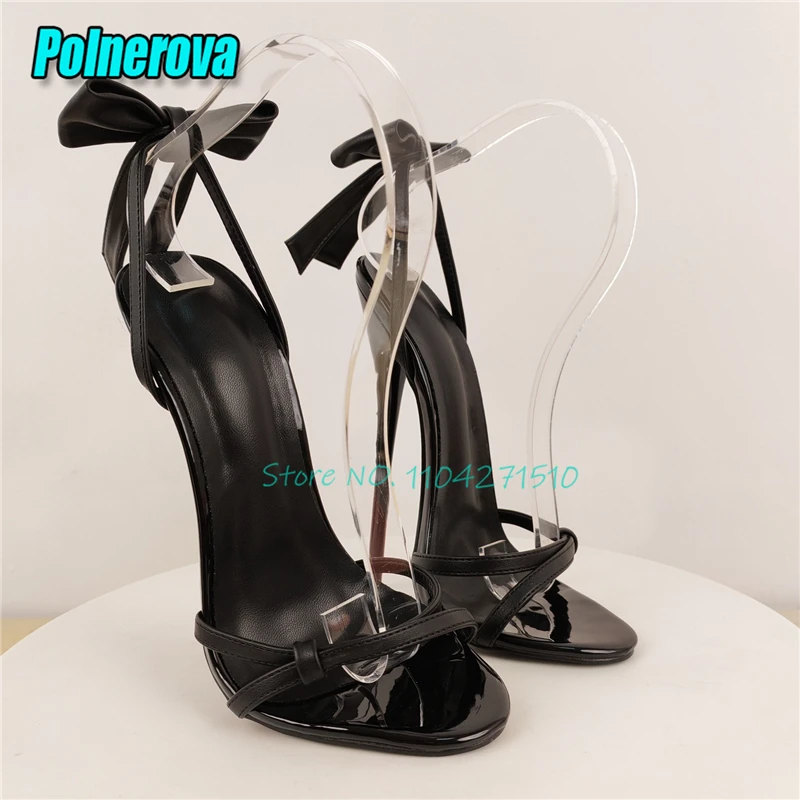 

Elegant Black Leather Bow Strappy Women's Sandals Sexy Open Toe Shallow 16CM High Heel Shoes Summer Party Banquet Stiletto Heels