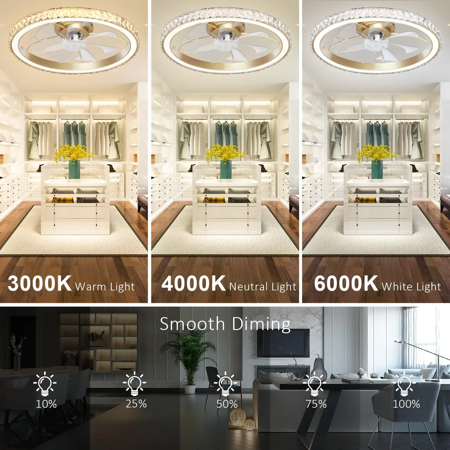 Low Profile Modern Crystal Chandelier Ceiling Fans with Lights and Remote, 3000K-6500K Smart Bladeless LED Fan Light, 26"