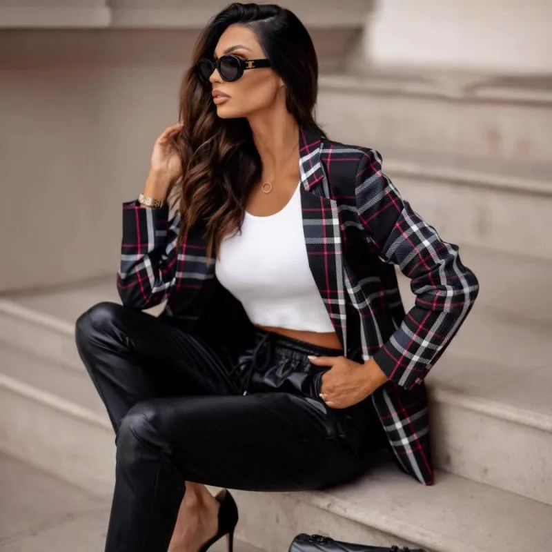 2024European and American Autumn and Winter New Women's Clothing Plaid Suit Hot Sale Long Sleeve Suit Coat Top