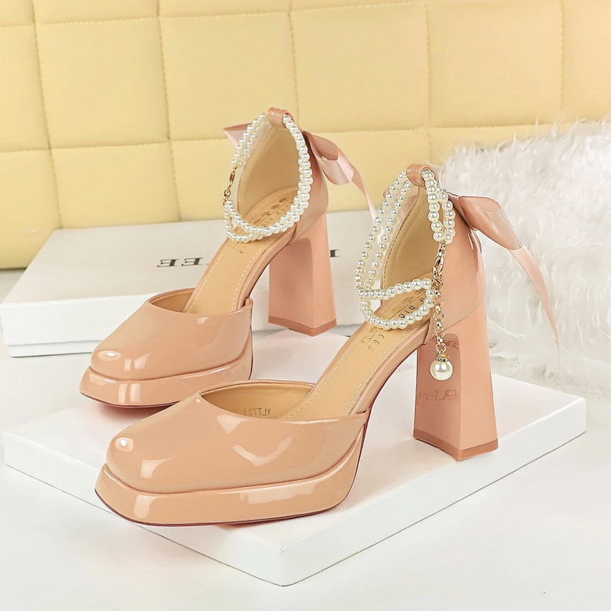 

BIGTREE Shoes Summer Block Heels Women's Sandals Chunky Women Pumps Platform Heels String of Pearls Heeled Sandals Thick Heel