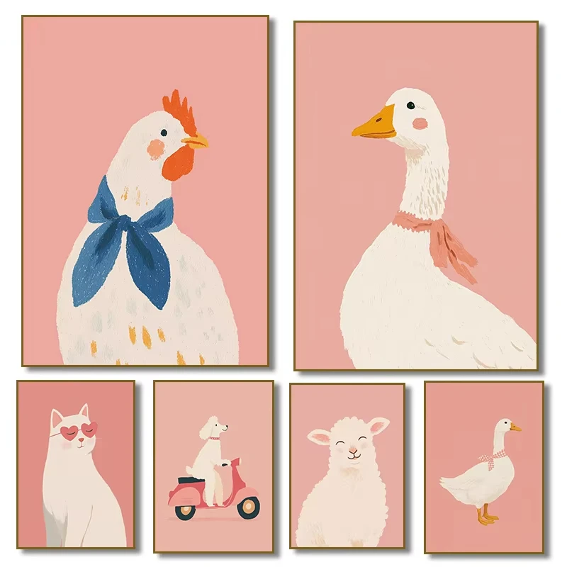1PC Frameless Pink Cute Goose Cat Poodle on Scooter Lamb Swan Poster Canvas Painting Print for Room Home Decor