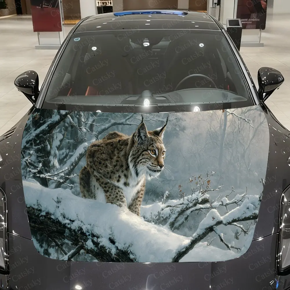 

Silver Snow Forest and Wild Lynx Car Vinyl Wrap, PVC Material Waterproof Car Hood Sticker, Self-Adhesive Scratch-Resistant Stick