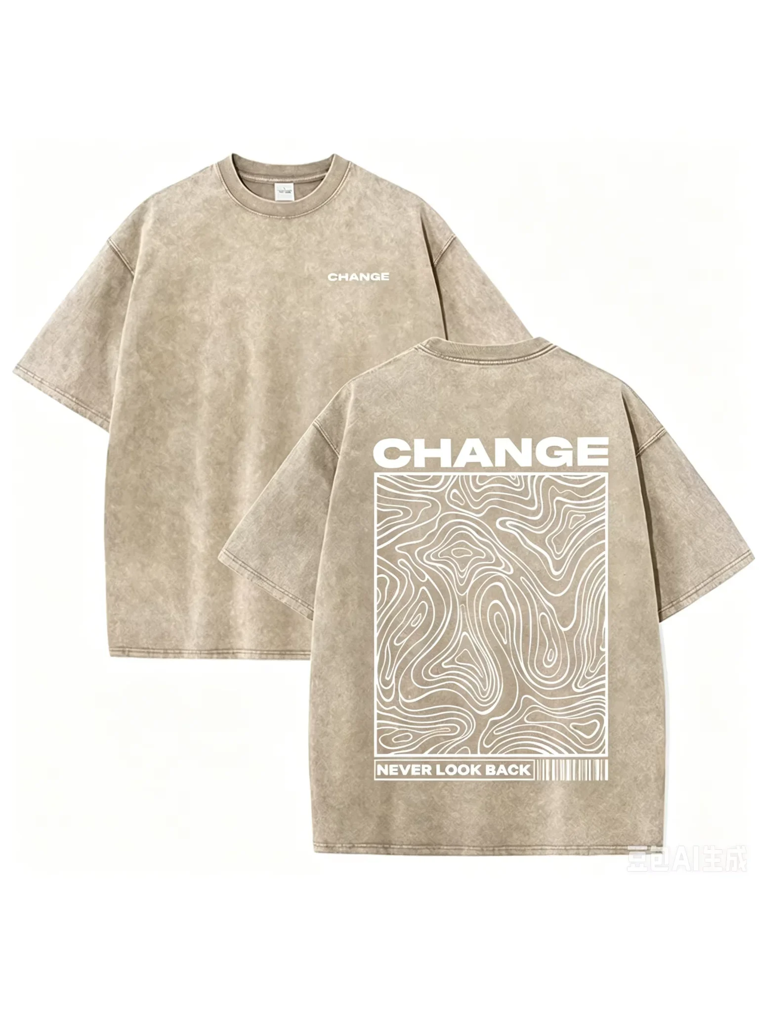 "CHANGE" Topografischer Linienkunstdruck im Vintage-Stil, gewaschenes beige, lässiges Grafik-T-Shirt