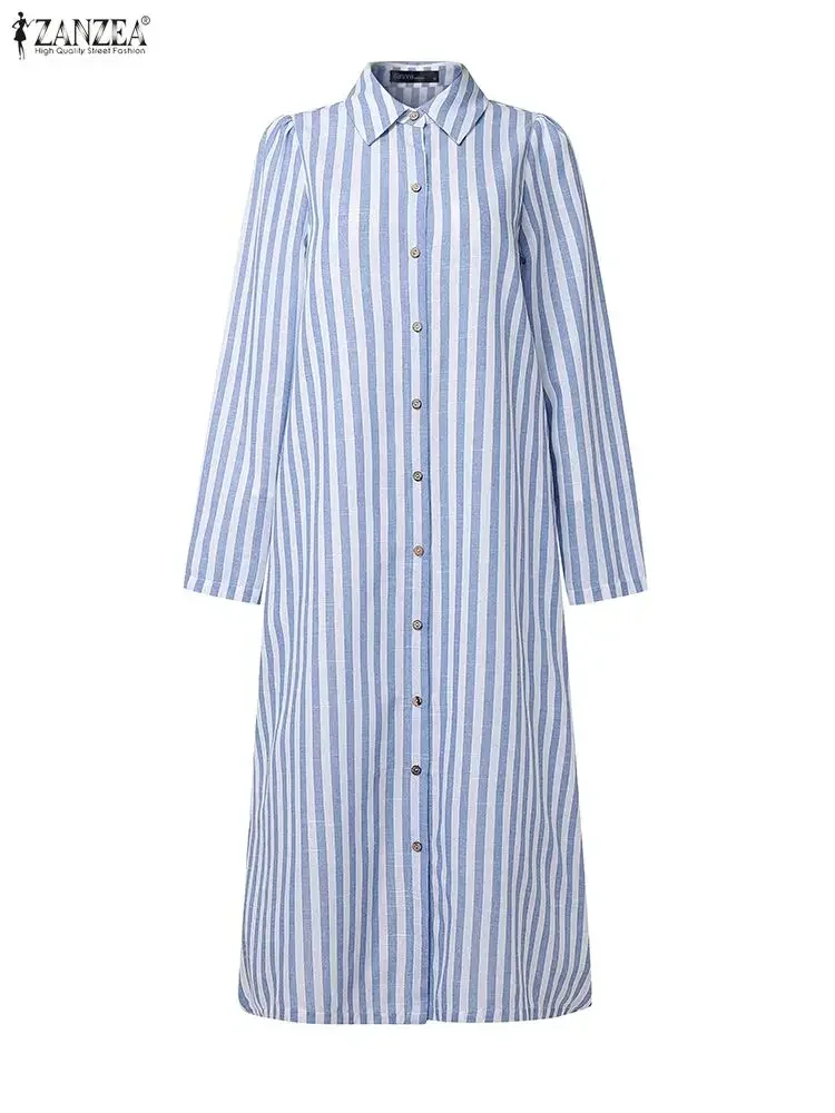 ZANZEA 2026 فستان مخطط للخريف والربيع موضة النساء التلبيب الرقبة طويلة الأكمام مكتب فستان الشمس أزرار أسفل Vestidos ميدي رداء