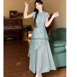 Summer Dress Short Sleeved Dreen Women's Cheongsam Qipao Traditional Improved Slim A-line Long Dress Irregular High-end Elegant