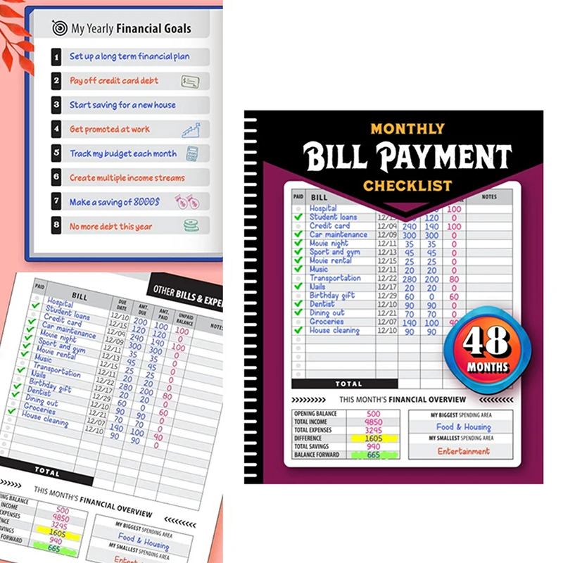 Bill Payment Checklist Monthly Budgeting Planner Family Financial Organizer Book Expense Tracker 4-Year Guide Payment For Easy
