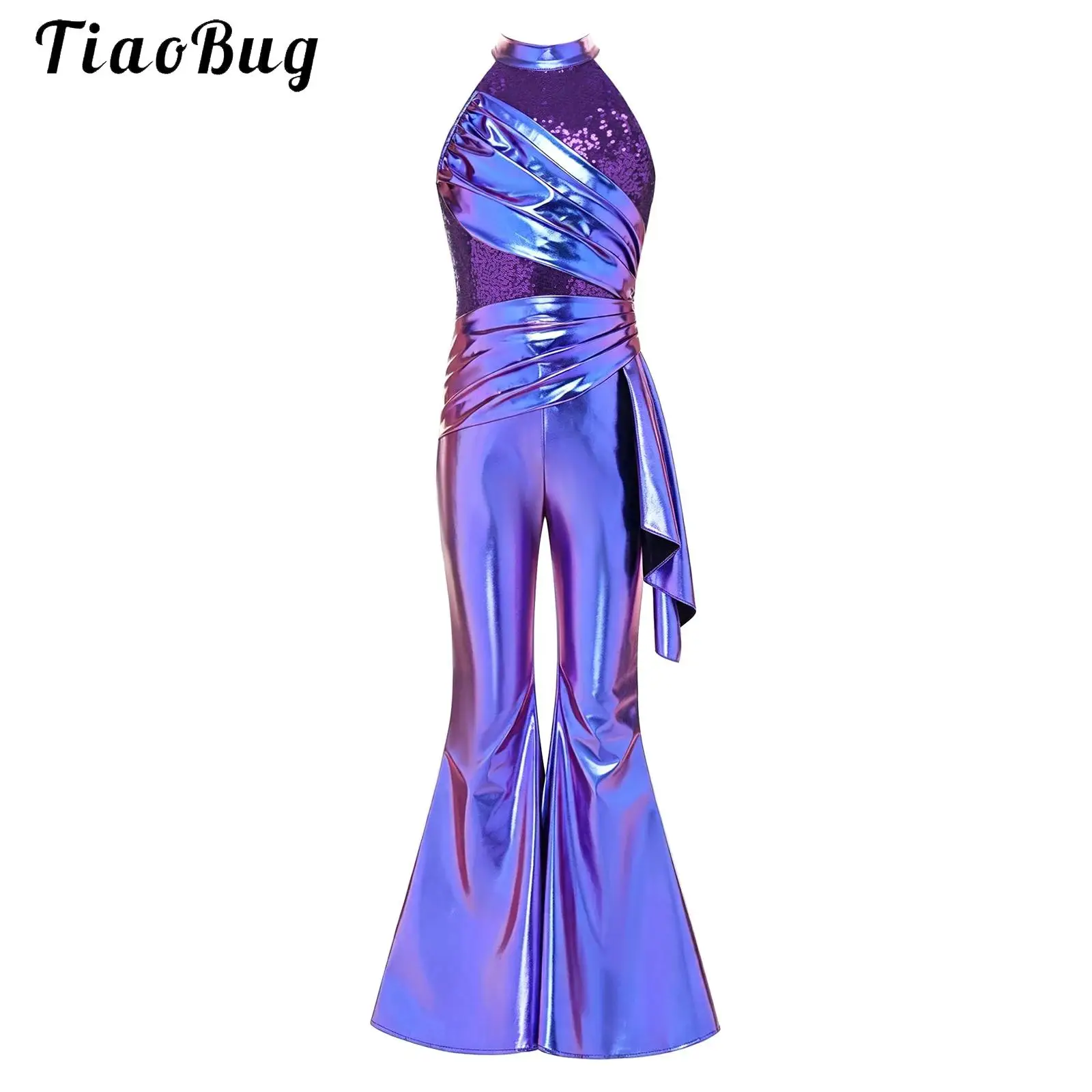 Kids Girls 70s Disco Jazz Dance Jumpsuit Sleeveless Sequined Bodice Ruched Layer Metallic Flared Pants Bodysuit Pageant Rompers