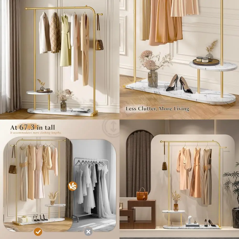 

Modern 67.3 H Gold Clothing Rack with 2-Tier Storage, Display Stand for Boutique Store, Coat Rack