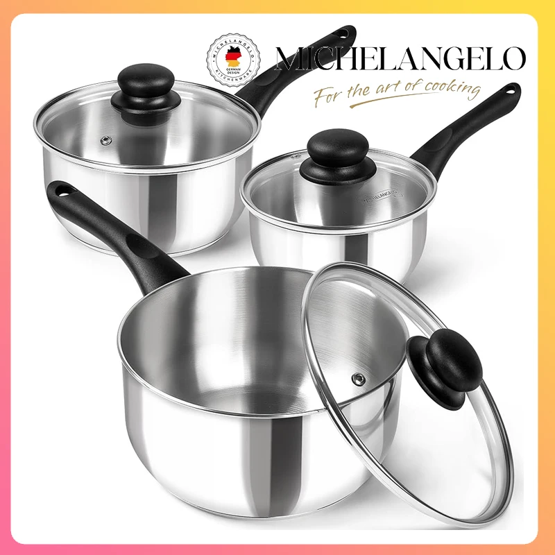 

MICHELANGELO Nonstick Saucepan Set Stainless Steel Milk Pot with Bakelite Handle 1QT & 2QT &3QT Saucepan with Lid for All Stoves