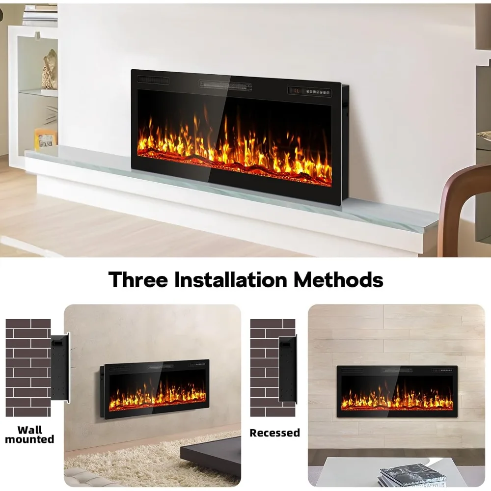 Wide Screen Electric Fireplace with Ultra Narrow Bezel, HD Flame Effect, Modern Wall Mounted Fuel Bed Logs for Contemporary Home
