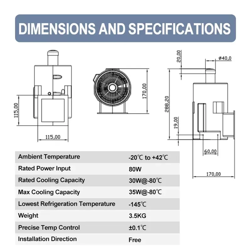 Refport Minus 130 Degree Ultra Low Temperature Single-Temperature 80W Free Piston Stirling Cooler -130C
