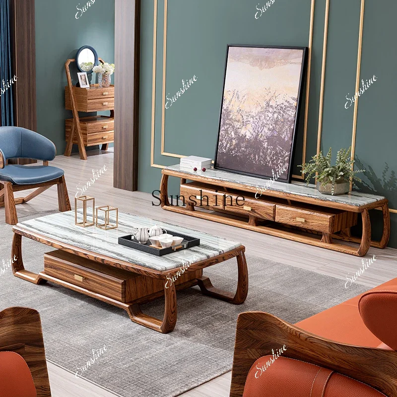 New Chinese light luxury solid wood marble coffee table TV cabinet combination living room furniture   TF