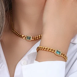 E.B.belle Cubic Zirconia Chunky Cuban Chain Choker Necklace Bracelet Jewelry Set For Women Vintage Stainless Steel Accessories