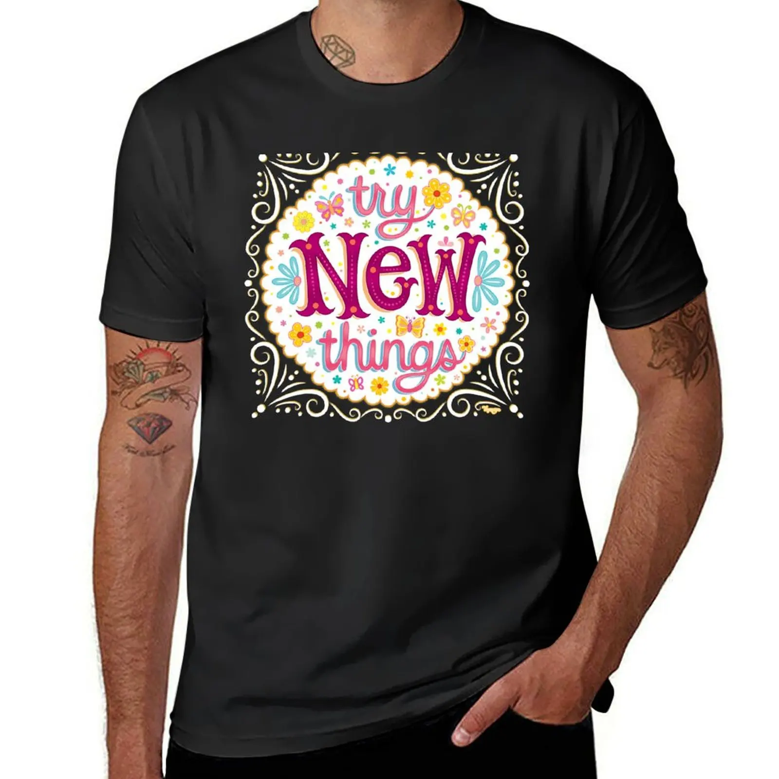 Try New Things - Colorful Hand-Lettering Mantra Art by Thaneeya McArdle T-Shirt cute tops blacks tshirts for men