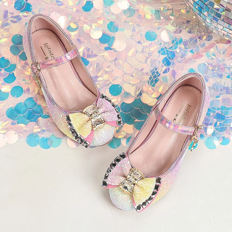 Zapatos de princesa para niñas, zapatos de cristal degradado de colores con lazo a la moda, zapatos de cuero para niñas pequeñas, zapatos de lujo con purpurina