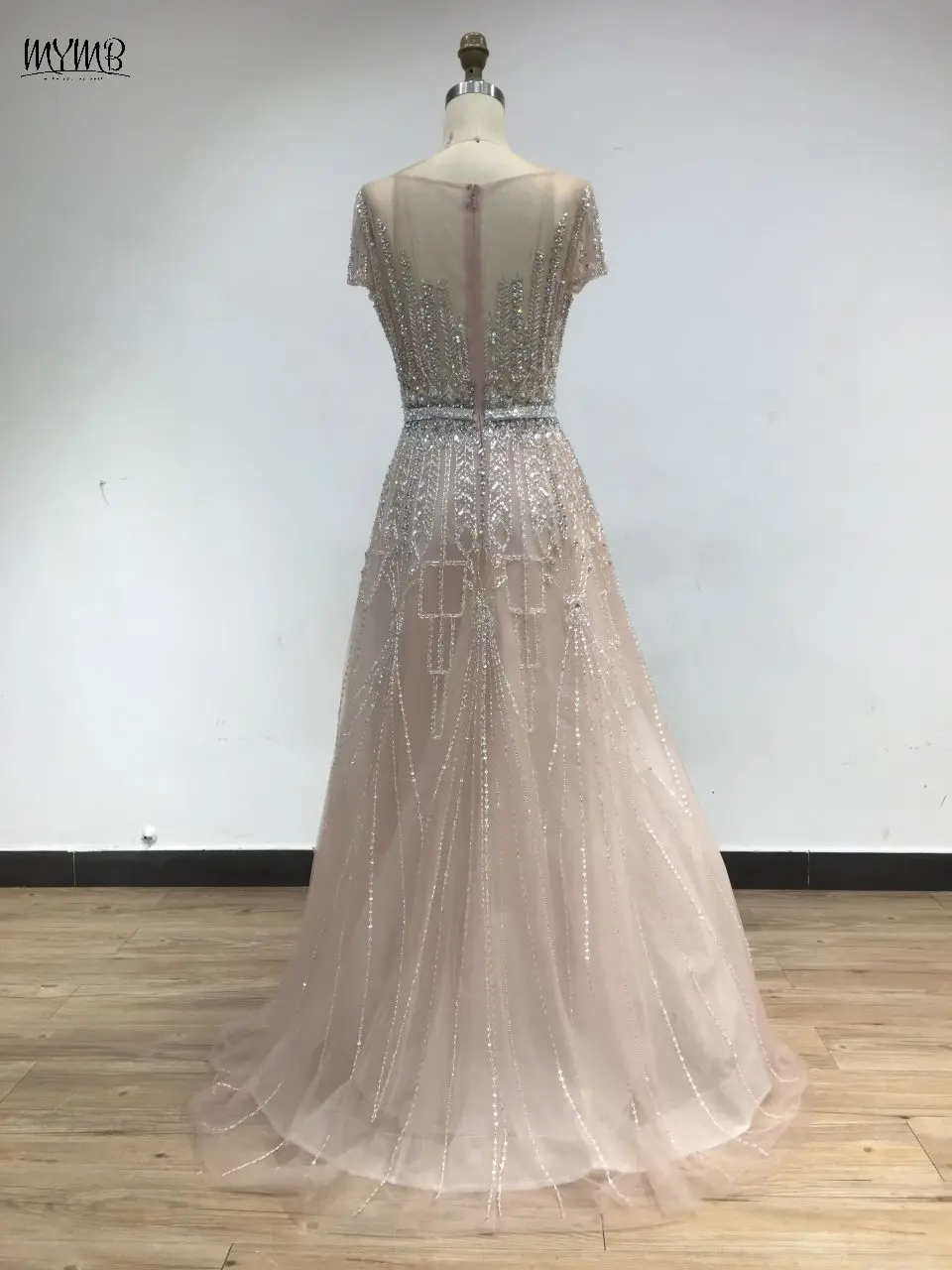 MYMB Pink A-Line Elegant Formal Party Evening Dress for Special Events Luxury Beaded Short Sleeves Dubai Gala Prom Gown DSBQ0128