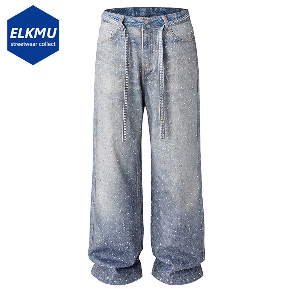 

Rhinestone Jeans Hi Street Blue Baggy Jeans Men Loose Straight Denim Pants Streetwear Vintage Harajuku Jeans