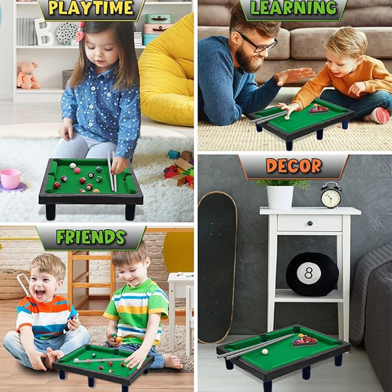 Mini Tabletop Pool Toy Set, Small Billiards Game Includes Game Balls, Sticks and Triangle Rack, Suitable for Family Entertainmen