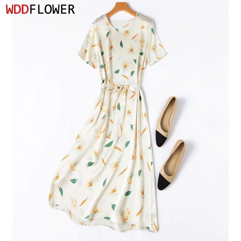 

Women Midi Dress 100% Mulberry Silk 19 Momme Charmeuse Silk Crew Neck Belted Waist Leaf Printed A Line Long Dress Summer M1350