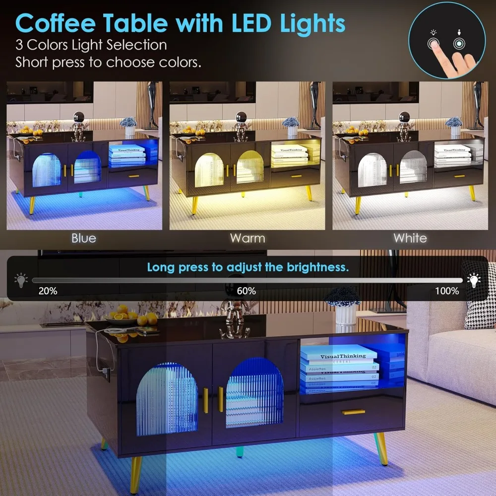 LEDライト付きコーヒーテーブル,充電ステーション付きセンターテーブル,高光沢,アクセント付き家具,モダンなカフェテーブル