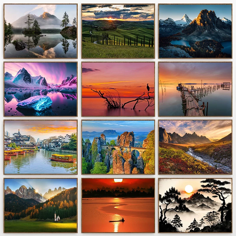 Modern Natural Scenery Glacier Grassland Snow Mountain Sunset Photography Poster Canvas Paintings Wall Art Pictures Home Deco