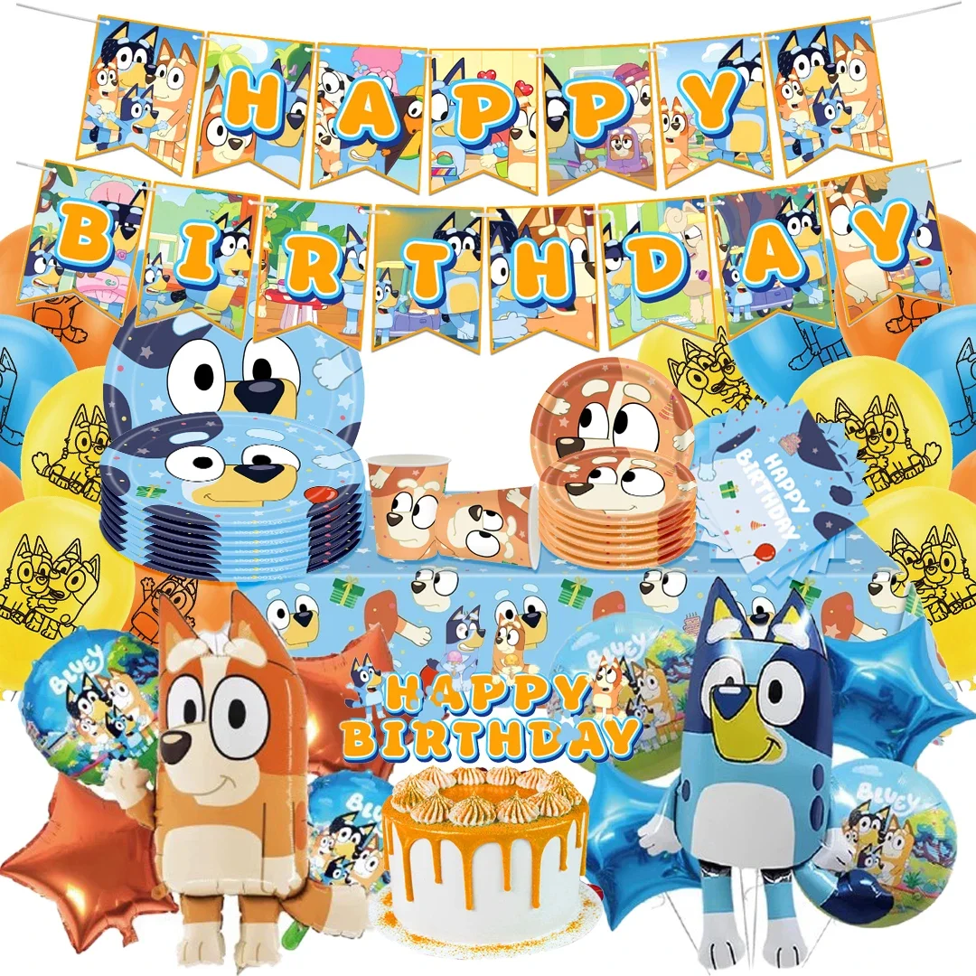 Cute Bluey family Dog Birthday Party posate piatto usa e getta Banner Cake Topper Hanging Flag Balloons Set decorazioni di compleanno