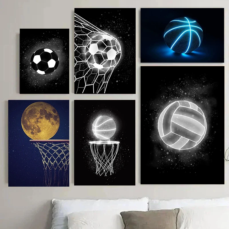 Pôster preto e branco para decoração de casa, efeito de luz de néon abstrato, arte mural, basquete, futebol, voleibol