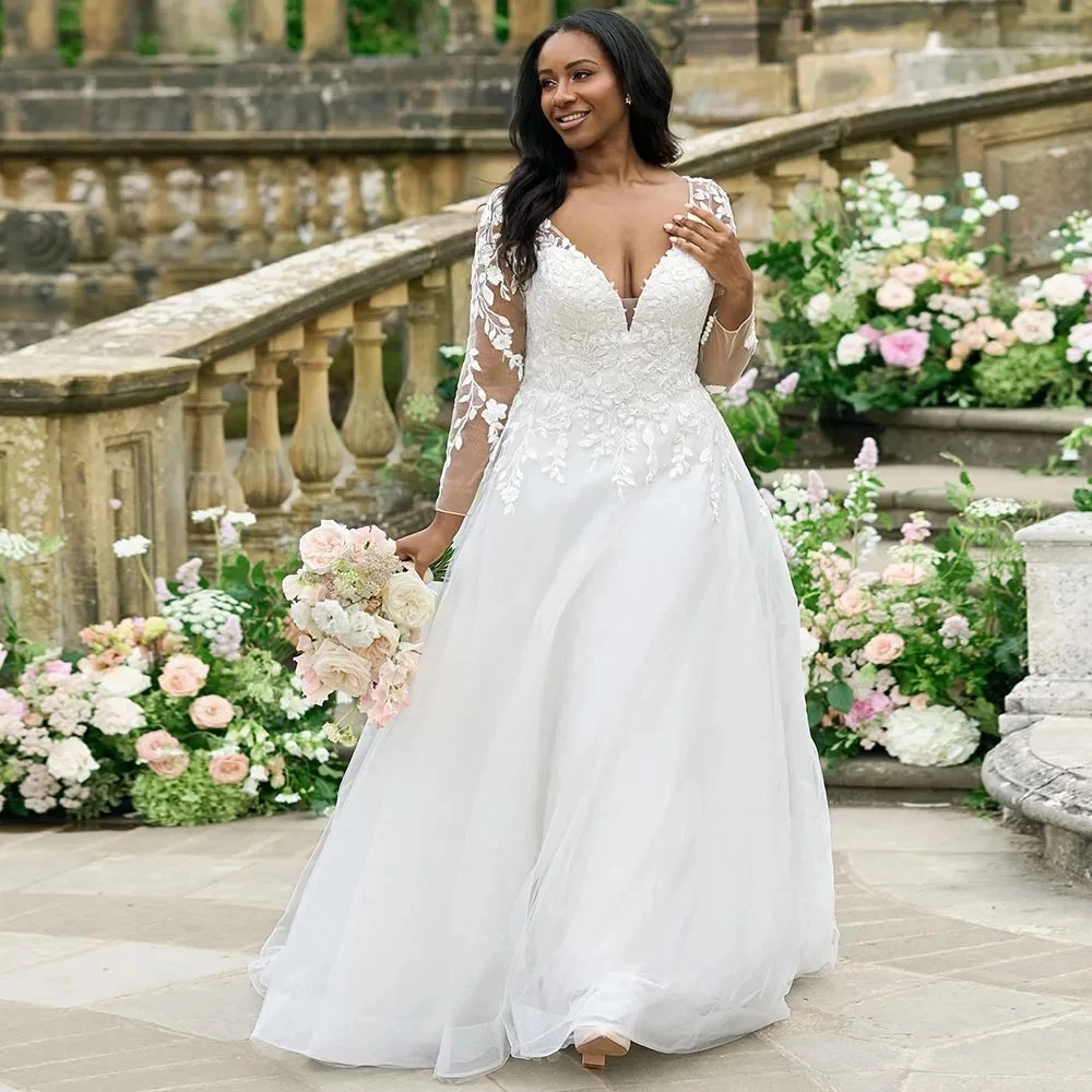 Plus Size A Line Tulle Wedding Dress Deep V Neck Illusion Long Lace Sleeves Lace Appliques Romantic Bridal Gown Vestido De Novia