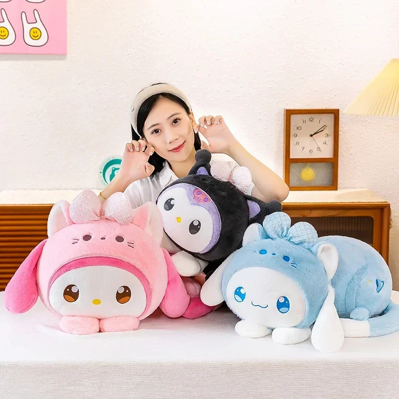 Pussy Cat Sanrio Hello Kitty Friends Kuromi Melody Cinnamoroll Lying Plush Doll Stuffed Pillow Room Decor Kid Toy Holiday Gifts