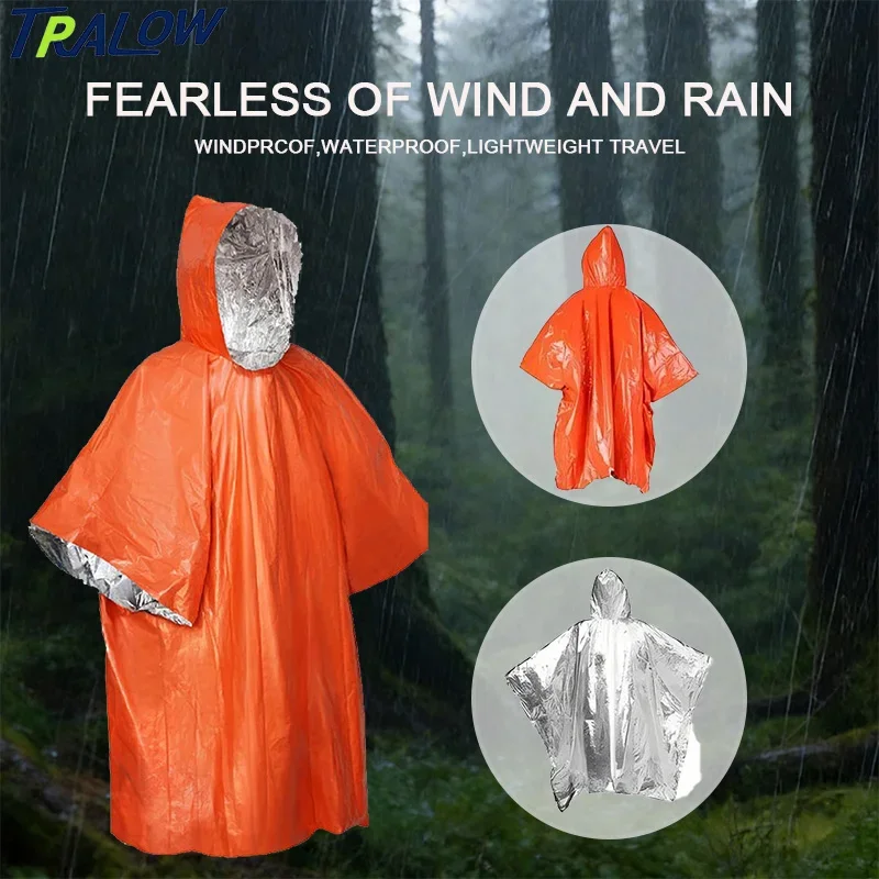 TRALOW Outdoor Emergency Insulation Raincoat Survival Thermal Blanket Dual-Cold Resistant First Aid Rain Coat for Camping Hiking