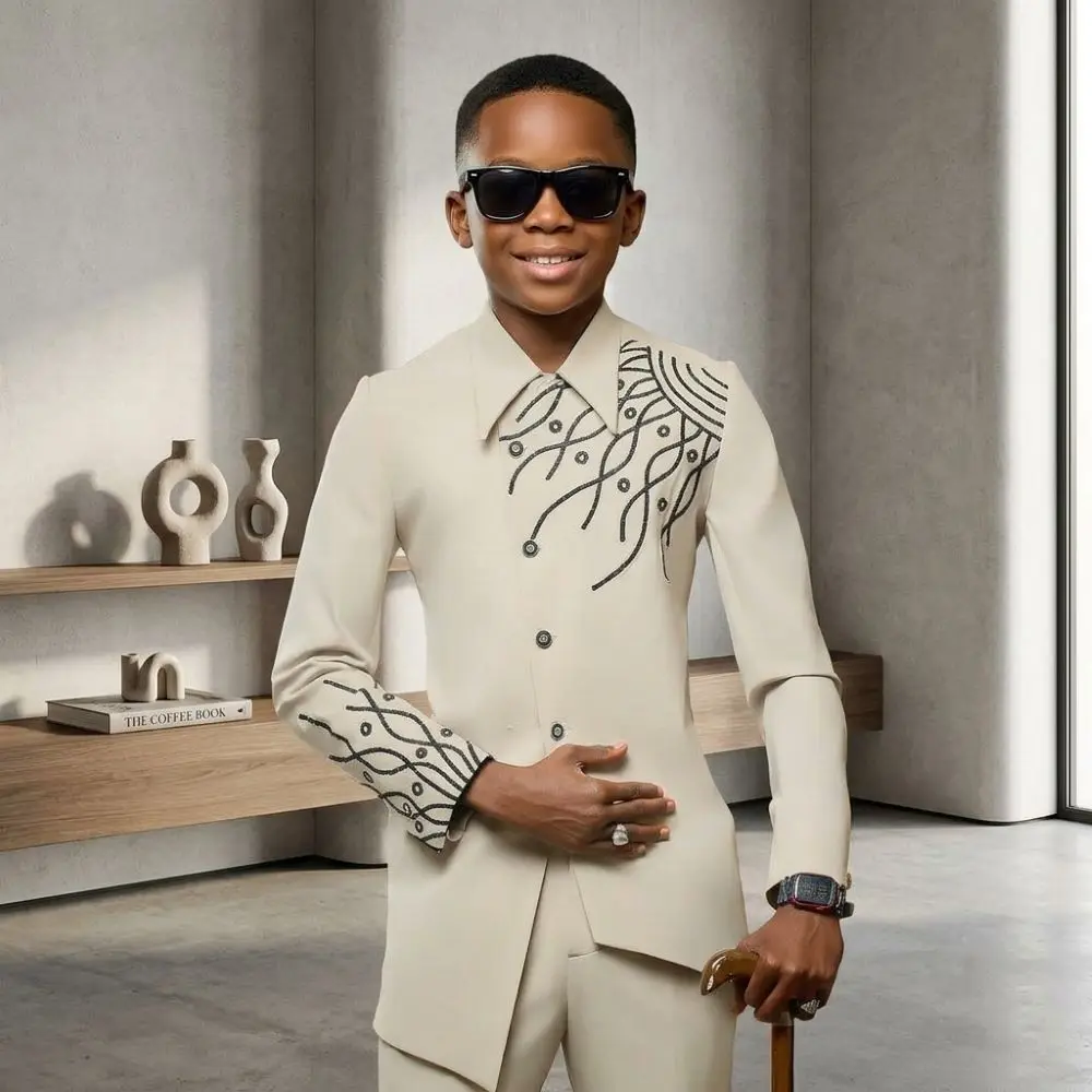 Boy Suits Single Breasted Stand Collar 2 Pieces Beaded Luxury Wedding Asymmetrical Hem Design For Stage Performances Model Shows
