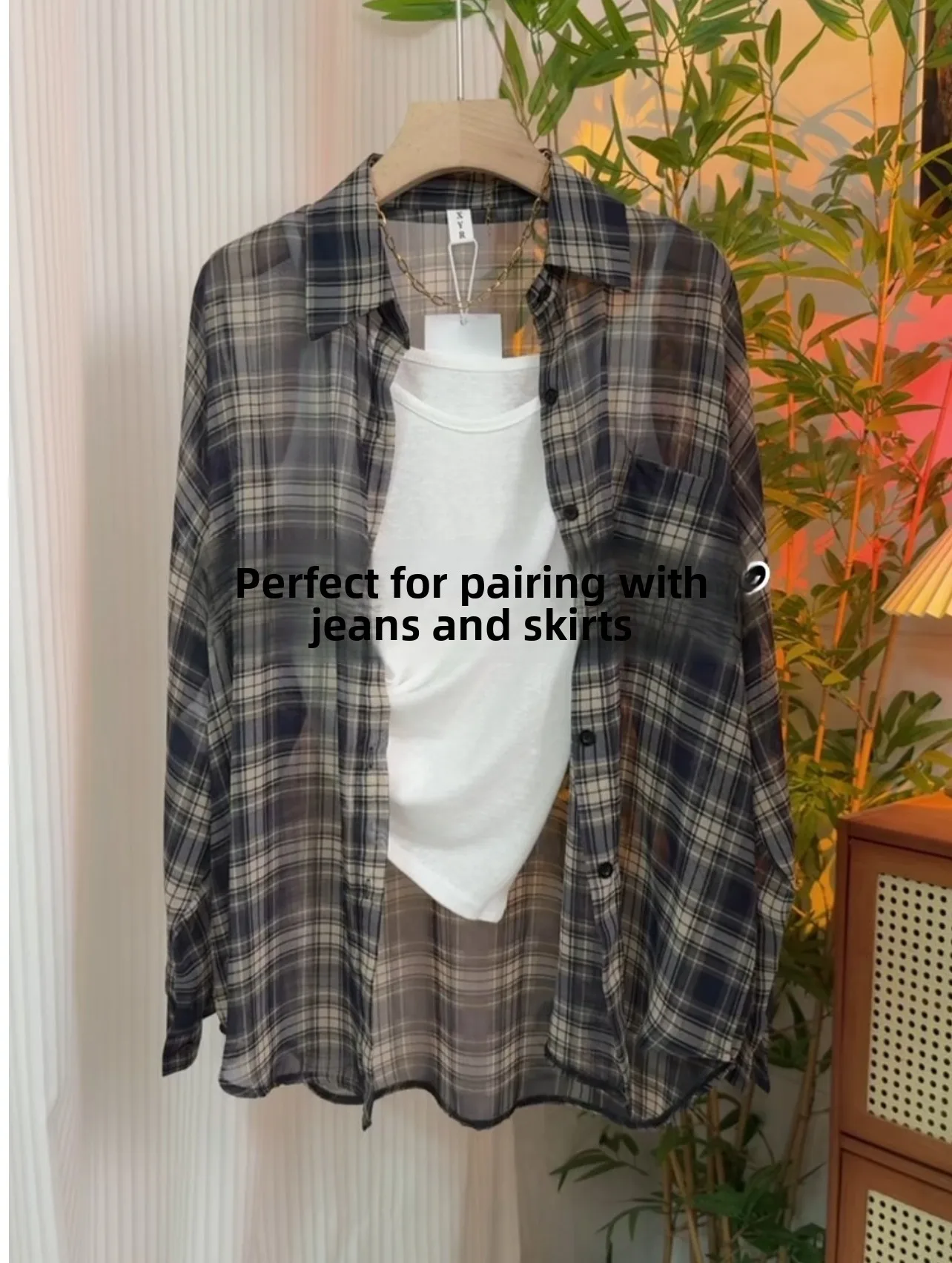 Retro Korean Plaid Lightweight Breathable Women's Summer Loose Casual Long Sleeve Shirt Slimming Lazy Style plus Size
