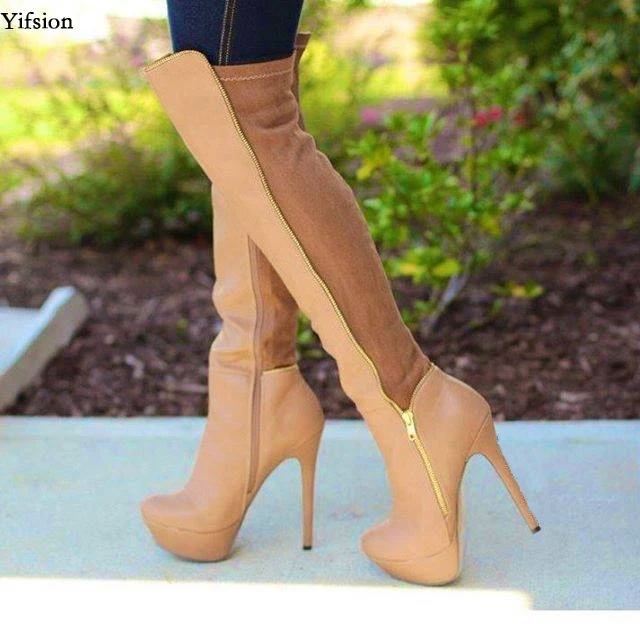 

Olomm Women Platform Thigh High Boots Stiletto High Heels Boots Round Toe Apricot Black Party Shoes Women Plus US Size 5-15