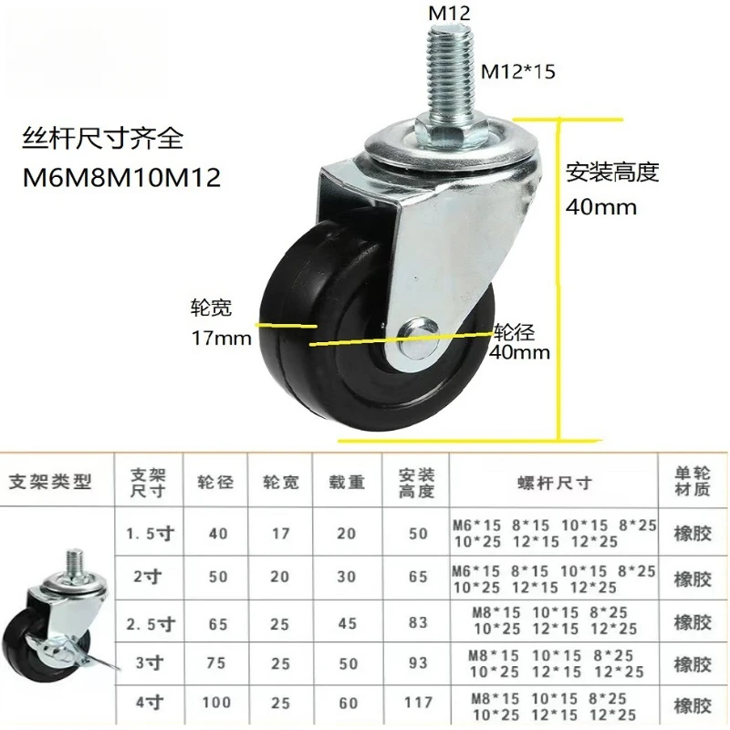 1.5‑Inch Silent Rubber Swivel Caster With Threaded Stem Brake, Compact Roller Wheel Furniture, Storage Rack and Stool