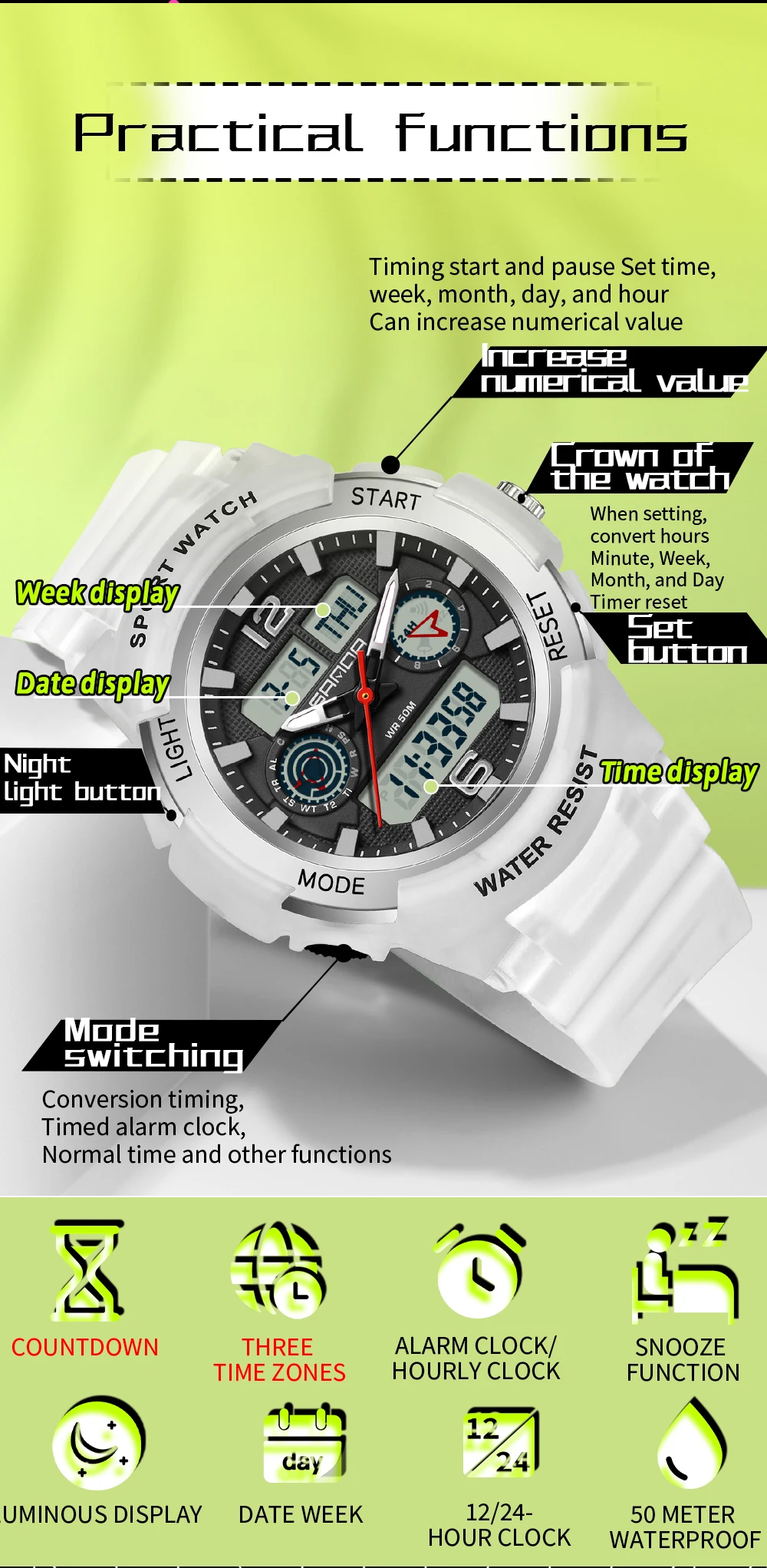 SANDA Brand 6188 New Student Electronic Watch Outdoor Sports Multi functional Fashion Student Waterproof Electronic Watch 2026