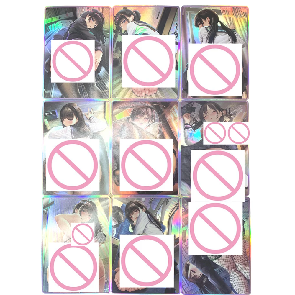 9Pcs/set Sexy Anime Girl Nude Collection Card Refractive Color Flash Embossed Textured Plump Buttocks JK Temptation Naked Card