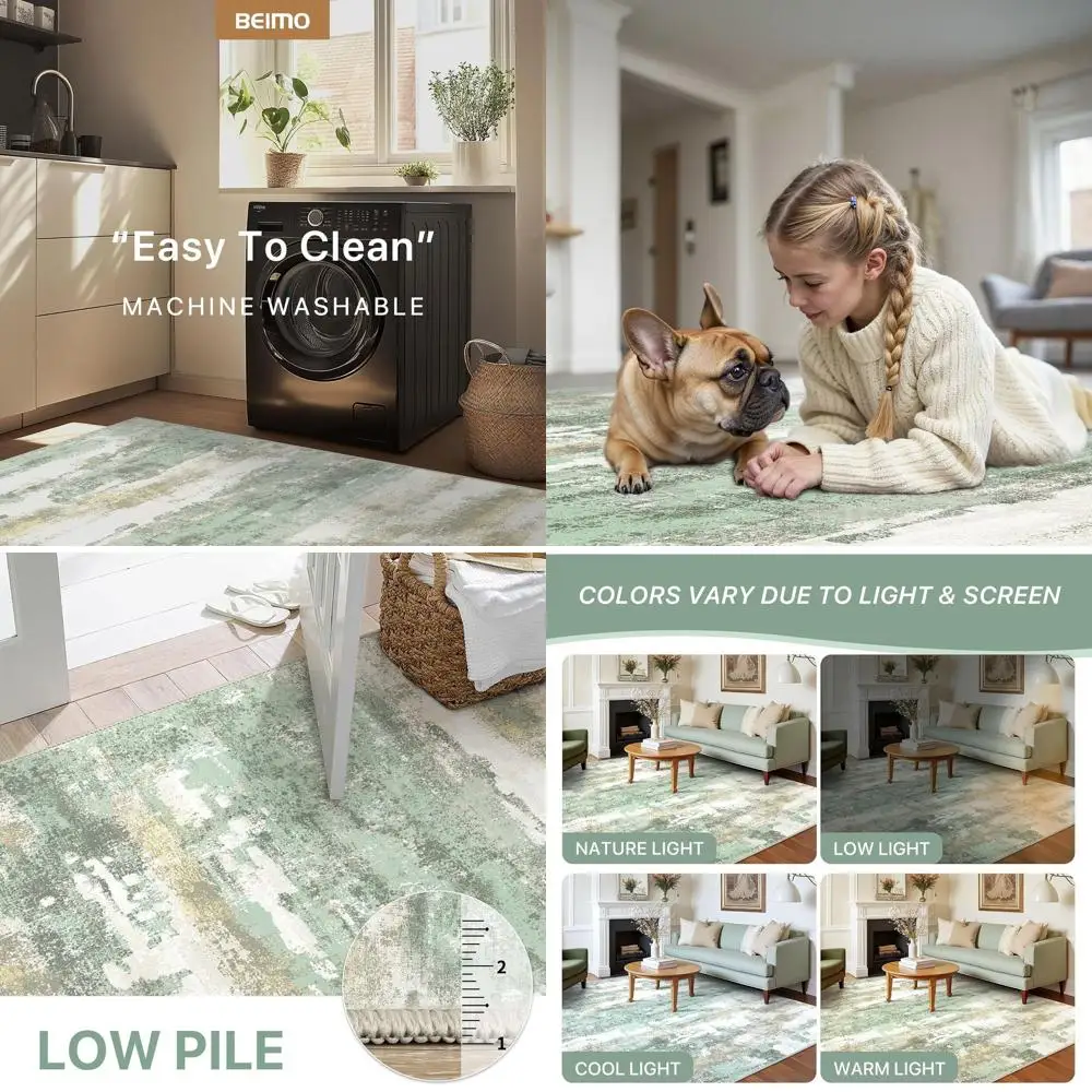 

Ковер 5x7 футов, светло-зеленый, абстрактный, с низким ворсом и нескользящей основой, для гостиной или столовой