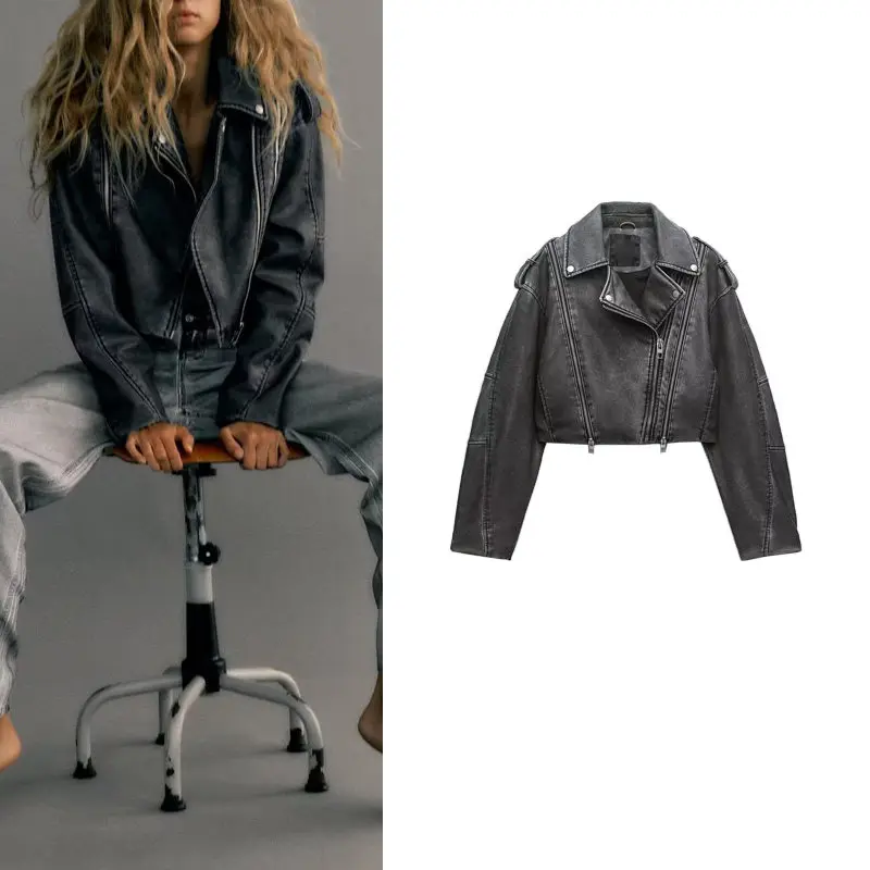 Retro American Design Faux Leather Motorcycle Jacket Autumn New Style Worn Effect Outerwear Short Coat for Women  Collar ...