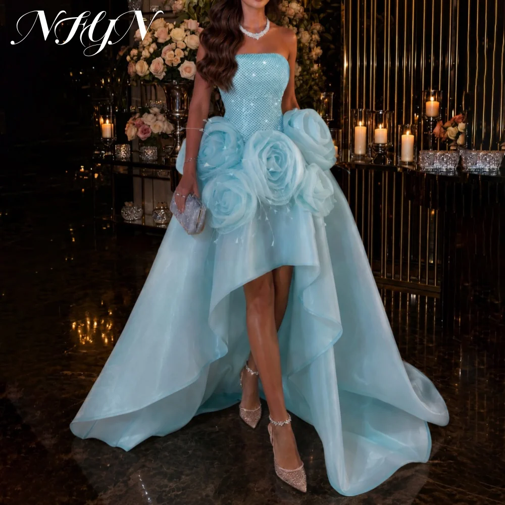 NFYN Ethereal Women Sky Blue Rhinestone Prom Dress Strapless 3D Rose Evening Gown Organza High Low Gala Party Dress Customized